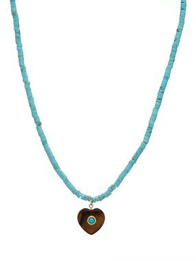 Turquoise Beaded Stone Heart Necklace 24K Gold Plated Necklace NWOT